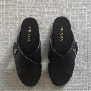 NWOT Prada Women's Black Padded Leather Criss Cross Flat Sandals